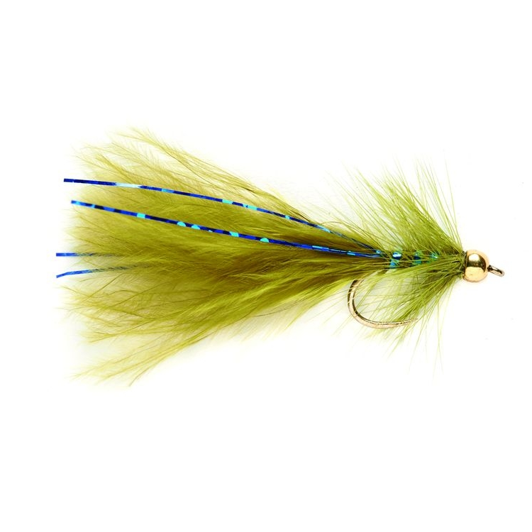 Fishing fly with green body and blue and gold details on a white background