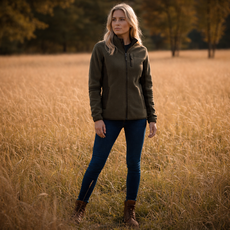 Woman standing in a field wearing a Deerhunter Ladies Pam Bonded Fleece Jacket in Graphite Green Melange.