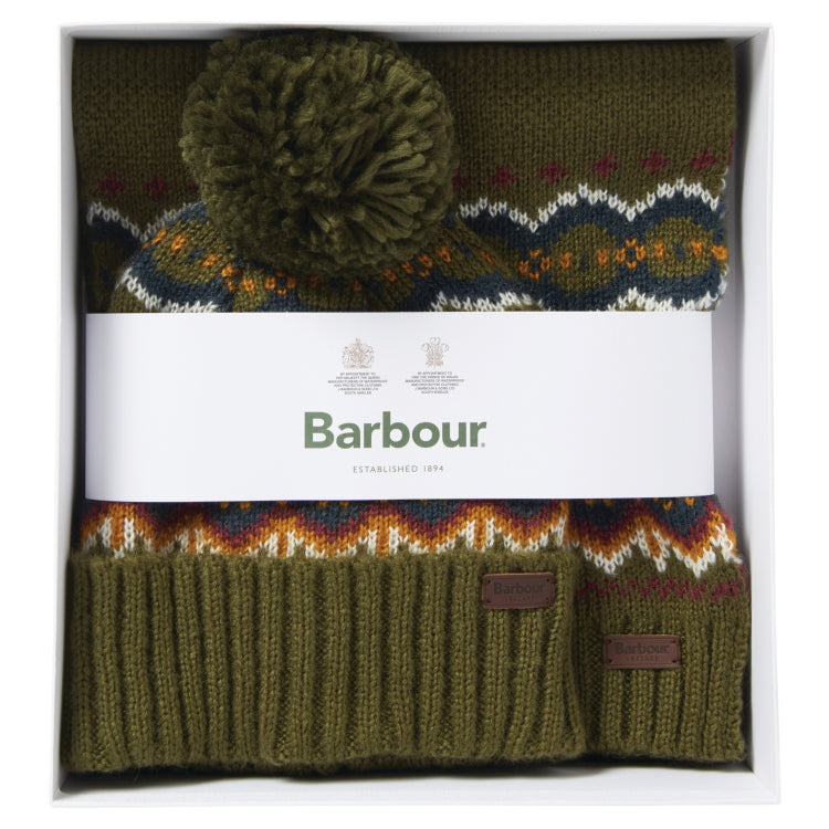 Barbour Fairisle Beanie and Scarf Gift Set - Olive