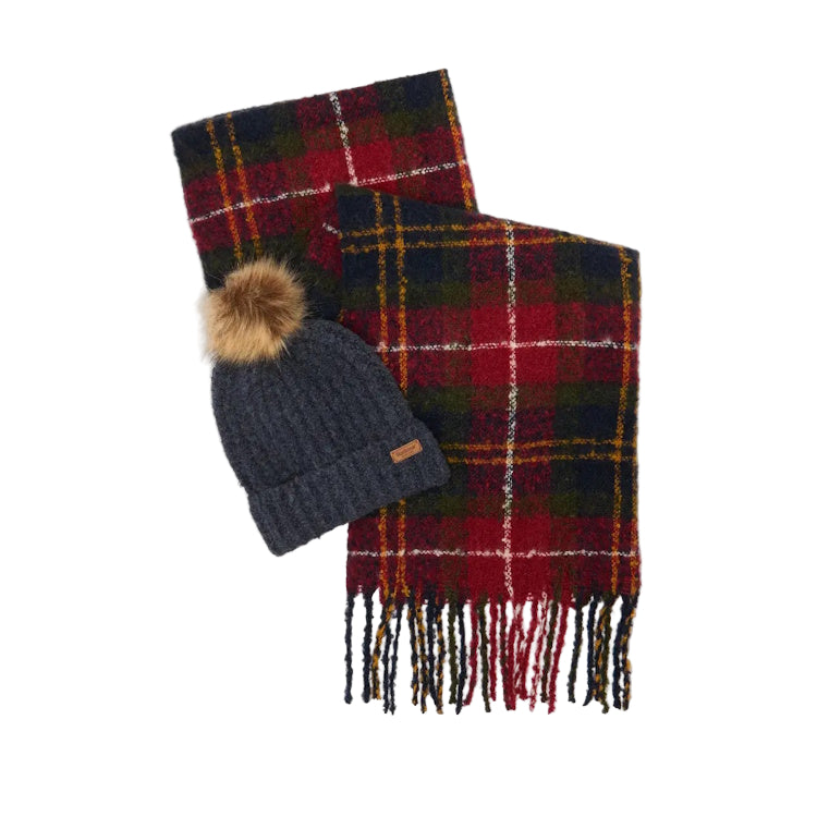 Barbour Ladies Saltburn Beanie and Tartan Scarf Gift Set - Winterberry Tartan
