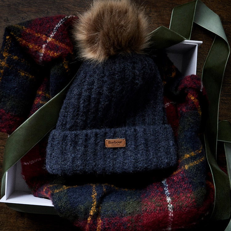 Barbour Ladies Saltburn Beanie and Tartan Scarf Gift Set - Winterberry Tartan