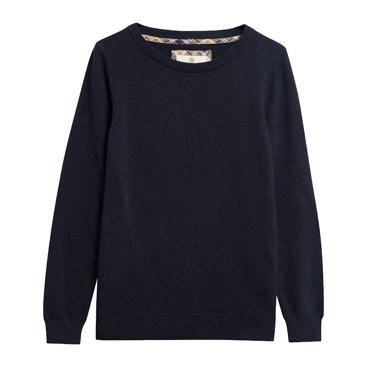 Barbour Ladies Pendle Crew Knit Sweater - Navy/Birchwood Tartan