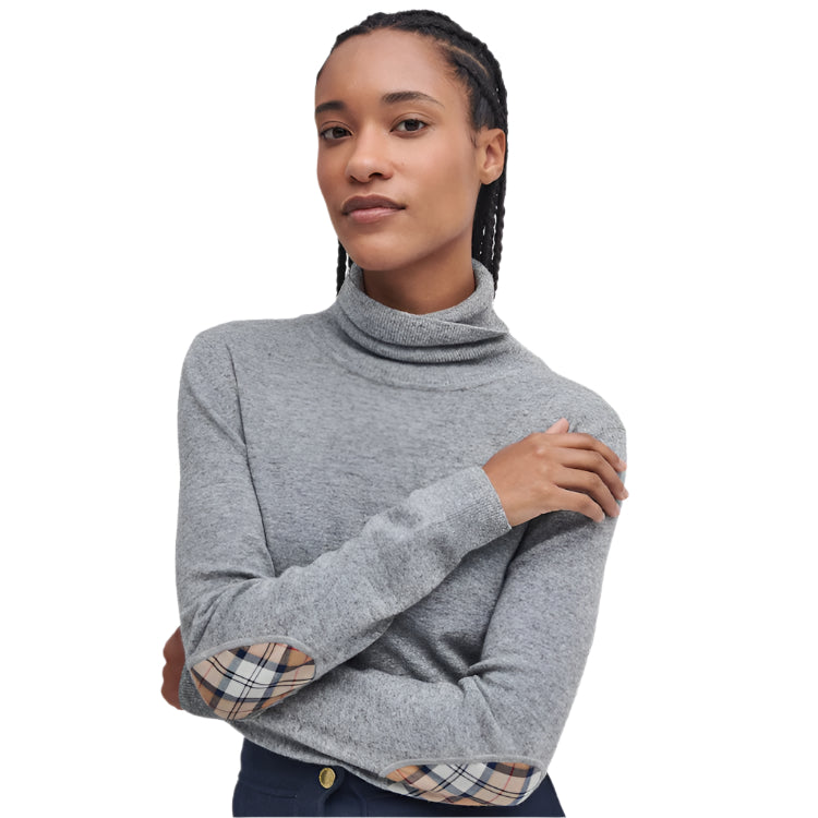 Barbour Ladies Pendle Roll Collar Knitted Jumper - Grey Marl/Hessian Tartan