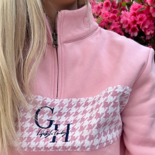 Gunner and Hound Ladies Houndstooth 1/4 Zip Sweater - Baby Pink