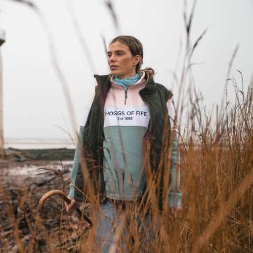 Hoggs of Fife Ladies Dumfries 1888 1/4 Zip Sweatshirt - Mineral Blue/Pink