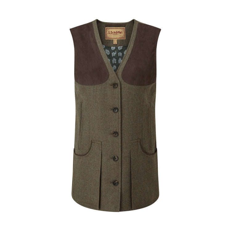 Schoffel Ladies Tweed Shooting Vest - Loden Green Herringbone Tweed