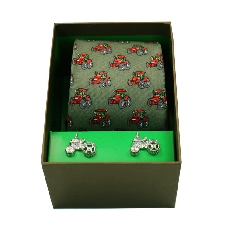 John Norris Country Woven Silk Tie and Cufflink Gift Box Set - Green Red Tractors