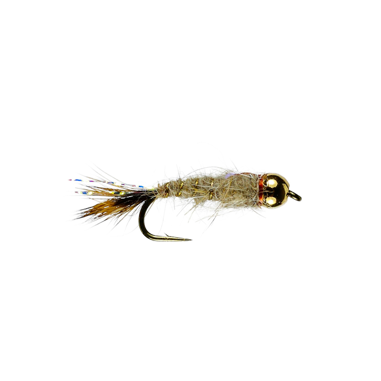 Fishing fly with gold head and multicolored body on a white background