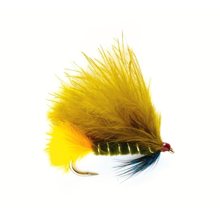 Yellow fishing fly with a hook on a white background