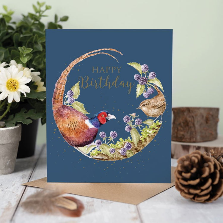 Wrendale Designs Occasion Card - Through The Brambles Pheasant and Wren Birthday Card