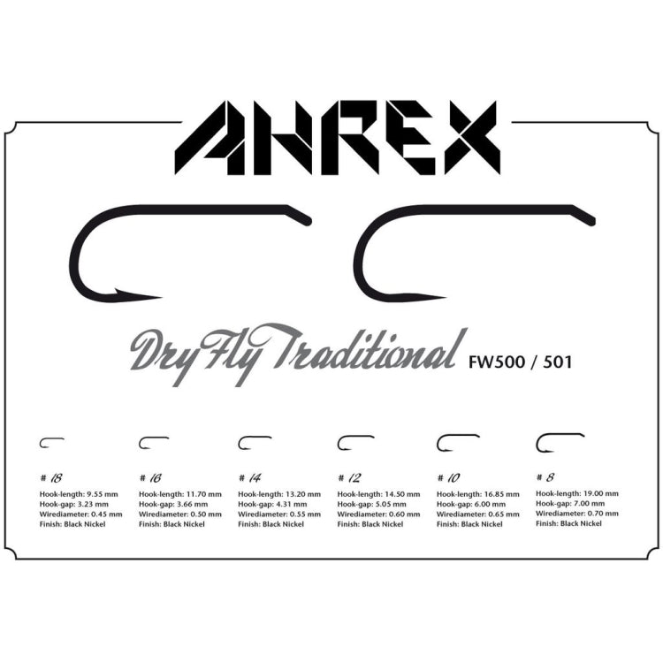 Ahrex FW500 Dry Fly Traditional Hook Barbed #18 Trout Fly Tying Hooks