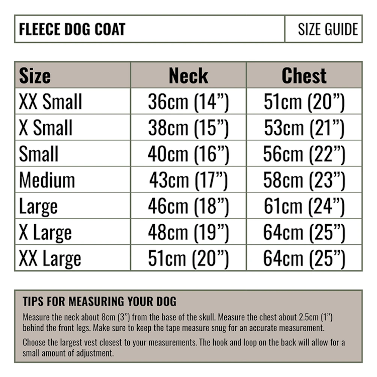 Jack Pyke Fleece Dog Coat Size Guide
