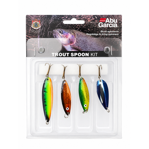 Abu Garcia Trout Spoon Kit packaging with four colorful spoons on a white background