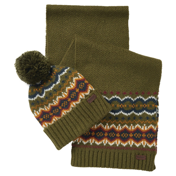 Barbour Fairisle Beanie and Scarf Gift Set - Olive