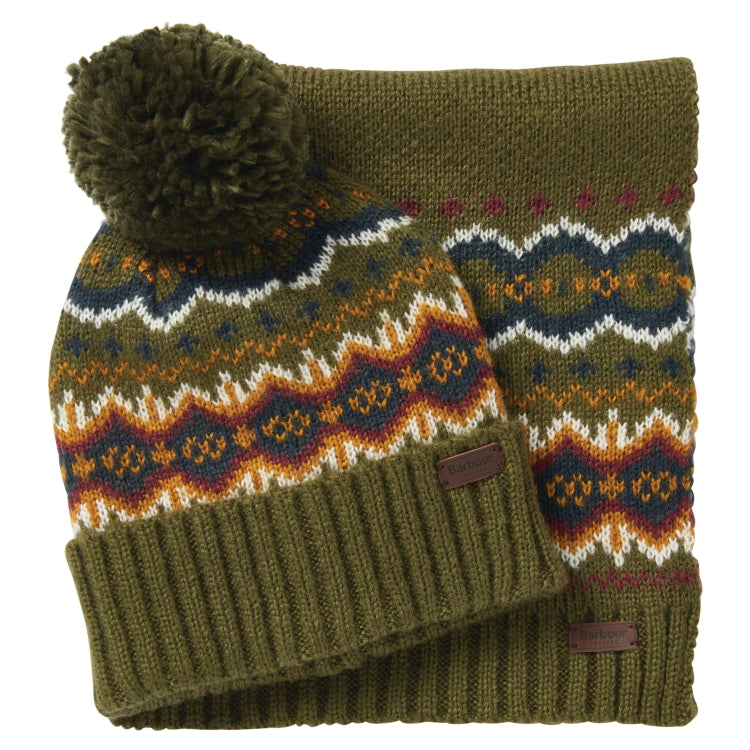 Barbour Fairisle Beanie and Scarf Gift Set - Olive