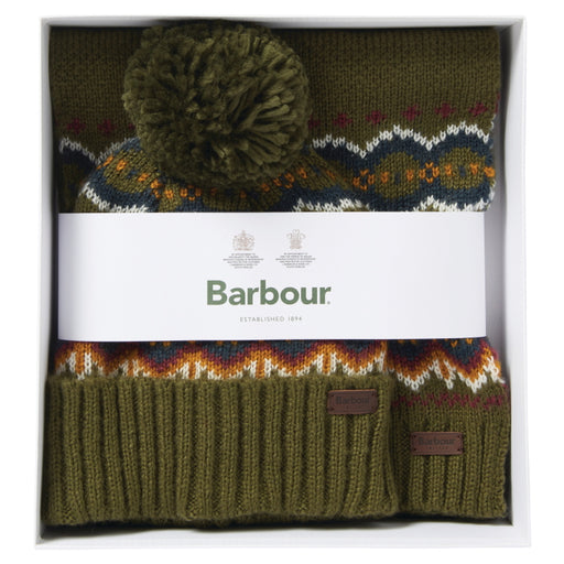 Barbour Fairisle Beanie and Scarf Gift Set - Olive