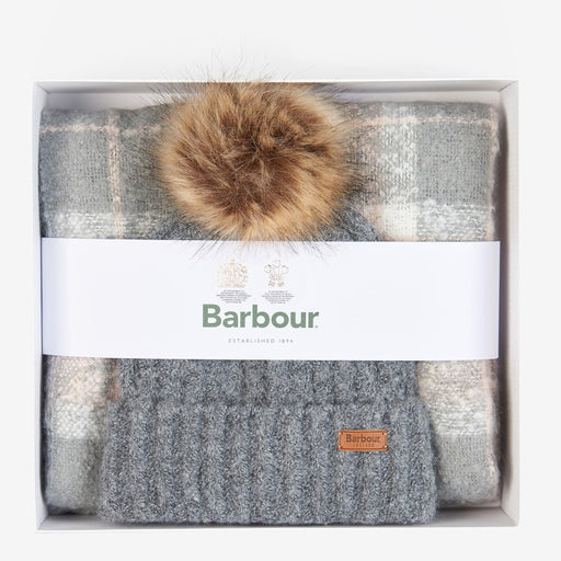 Barbour Ladies Saltburn Beanie and Tartan Scarf Gift Set - Grey Rose