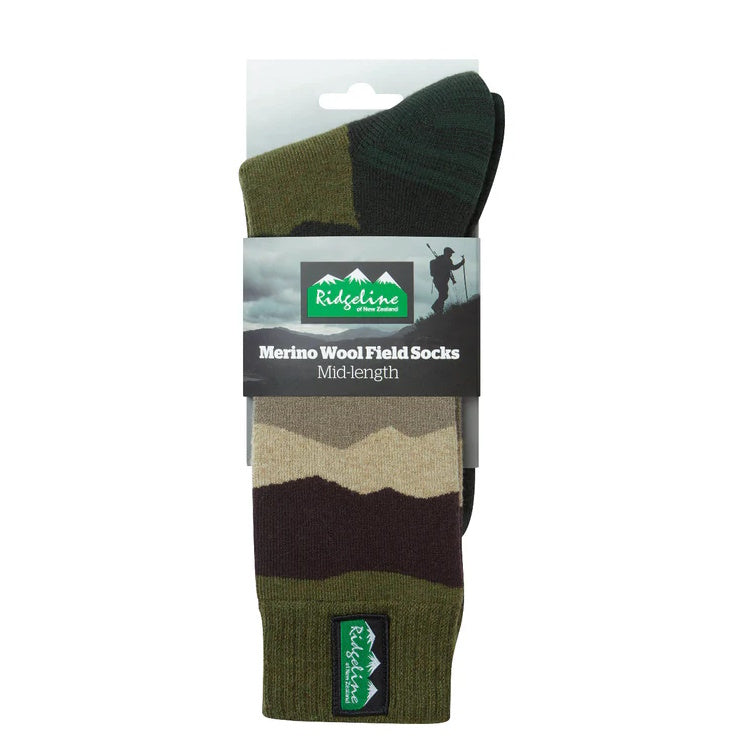 Ridgeline Mid Length Merino Wool Field Socks - Olive Stripes