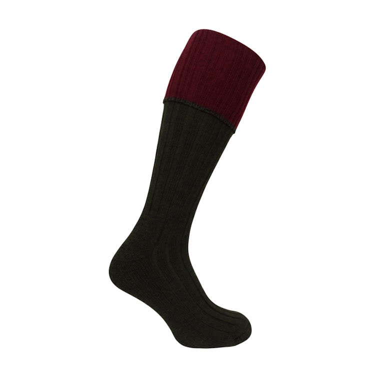Hoggs of Fife Contrast Turnover Top Stocking - Dark Green/Burgundy