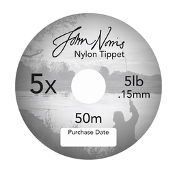 John Norris Nylon Tippet reel with specifications on a white background