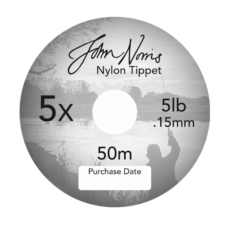 John Norris Nylon Tippet reel with specifications on a white background