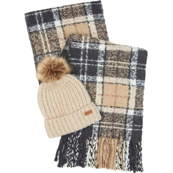 Barbour Ladies Saltburn Beanie and Tartan Scarf Gift Set - Rosewood