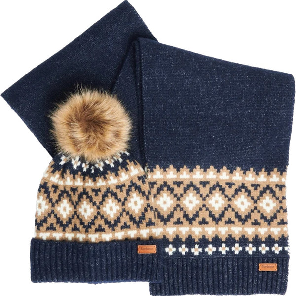 Barbour Ladies Eden Fairisle Beanie and Scarf Gift Set - Navy