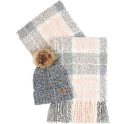 Barbour Ladies Saltburn Beanie and Tartan Scarf Gift Set - Grey Rose