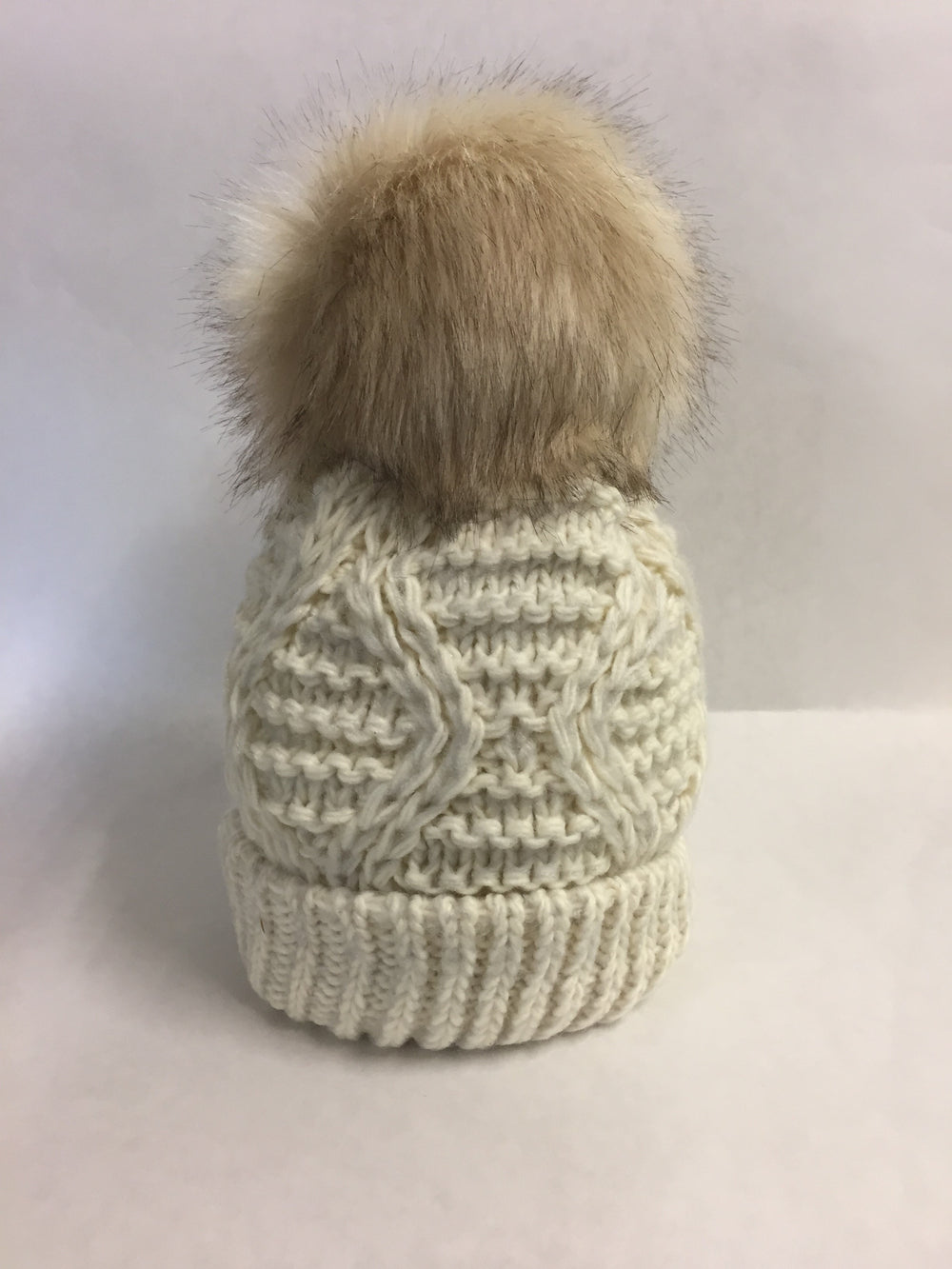 John Norris Cable Knit Fur Bobble Hat - Cream/Mink Pom