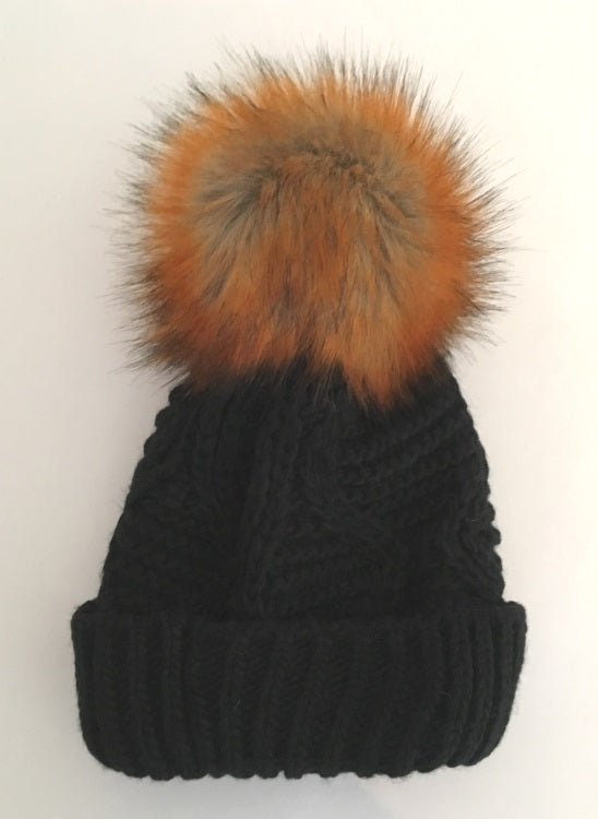John Norris Cable Knit Fur Bobble Hat - Black/Reynard Fox Mink Pom