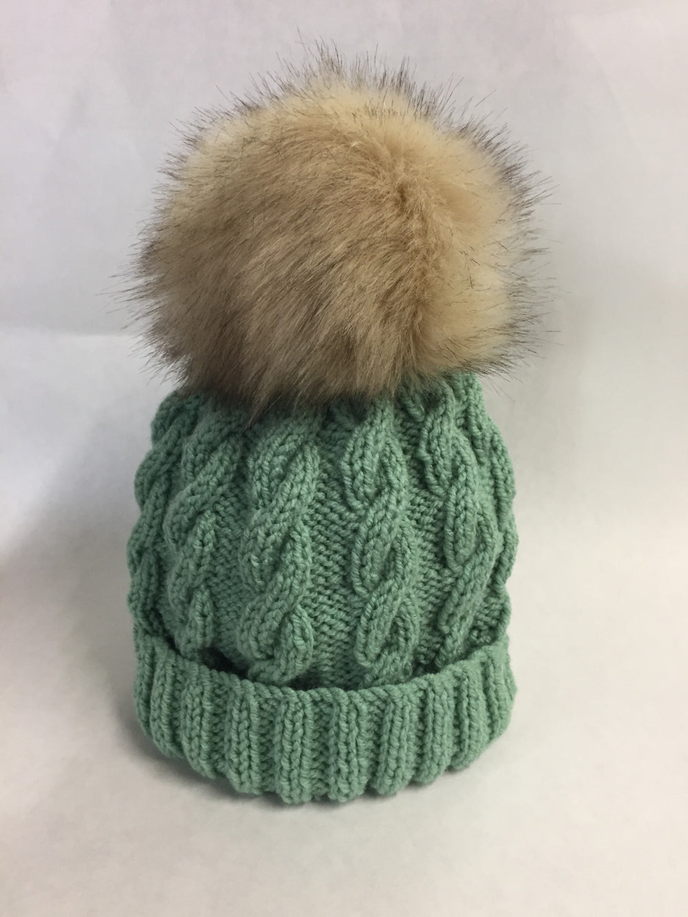 John Norris Cable Knit Fur Bobble Hat - Green/Mink Pom