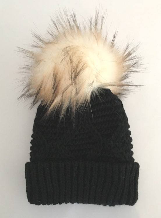 John Norris Cable Knit Fur Bobble Hat - Black/Beige Mink Pom