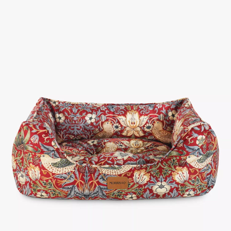 Morris and Co Square Dog Bed - Burgundy Strawberry Thief Print