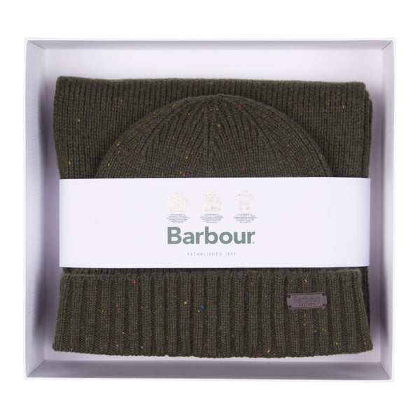 Barbour Carlton Fleck Beanie and Scarf Gift Set - Olive