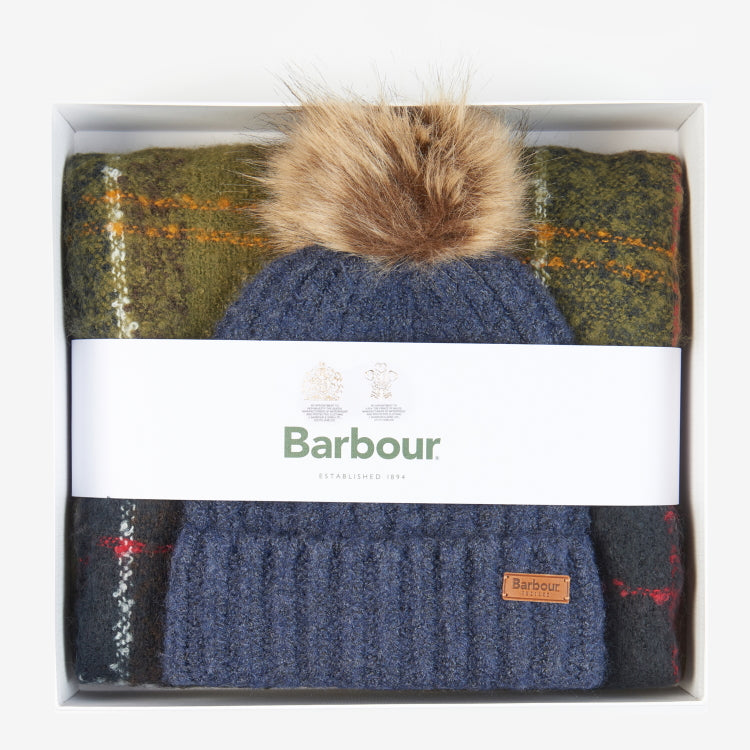 Barbour Ladies Saltburn Beanie and Tartan Scarf Gift Set