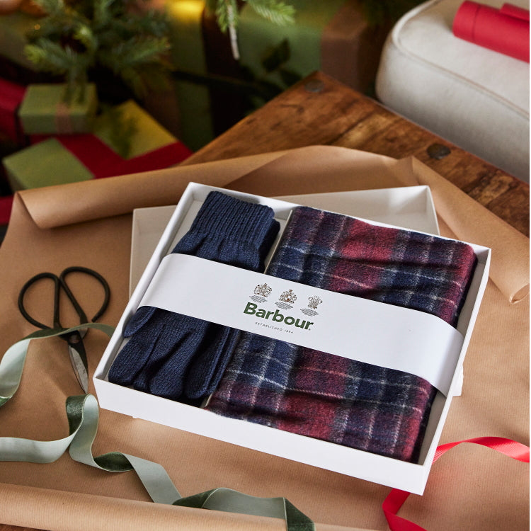 Barbour Tartan Scarf and Glove Gift Set Cordovan John Norris