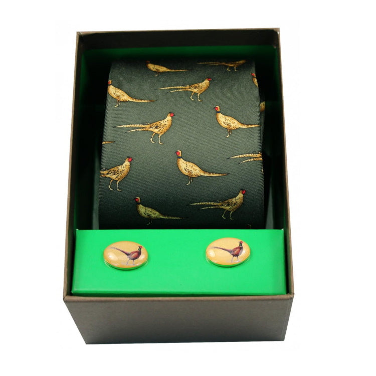 John Norris Country Woven Silk Tie and Cufflink Gift Box Set - Green Standing Pheasants