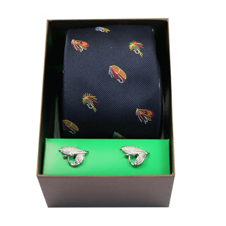 John Norris Country Woven Silk Tie and Cufflink Gift Box Set - Navy Fishing Flies