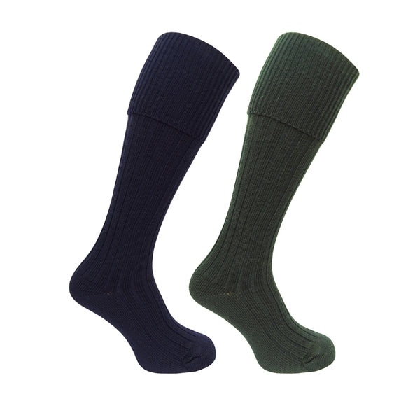 Hoggs of Fife Plain Turnover Top Stocking - Dark Olive/Navy - Twin Pack