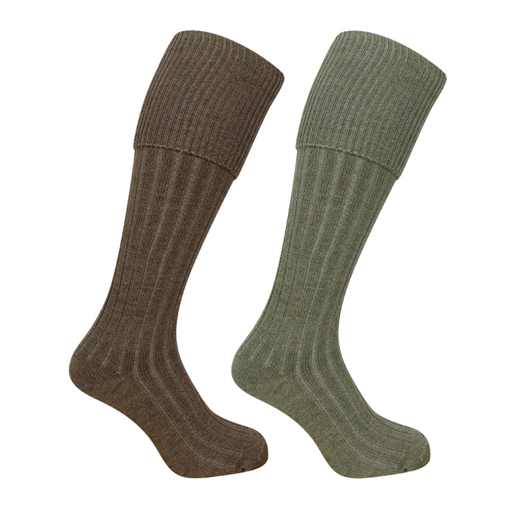 Hoggs of Fife Plain Turnover Top Stocking - Lovat Marl/Oatmeal - Twin Pack