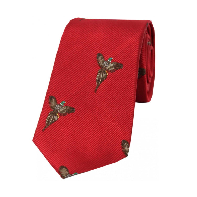 John Norris Country Woven Silk Tie - Red Flying Pheasants